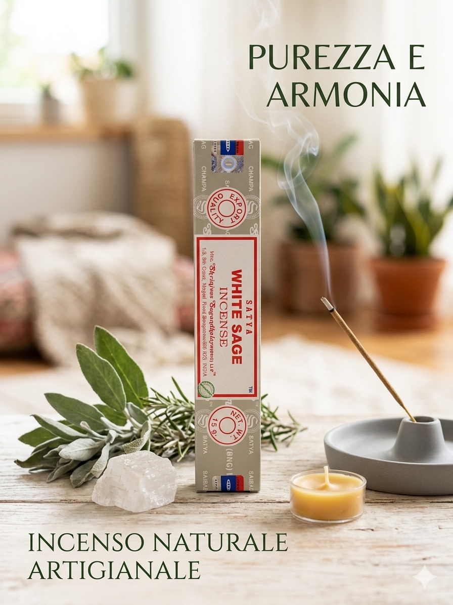 Incenso Satya White Sage Salvia Bianca acceso per purificazione e meditazione
